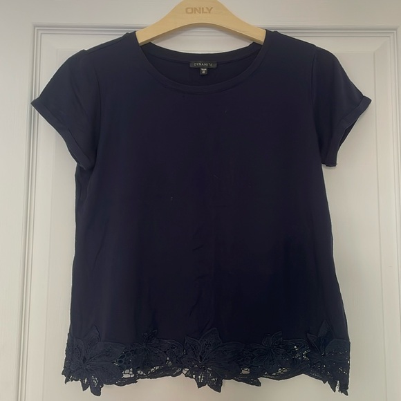 Dynamite Navy Blue T-Shirt with Floral Lace Hem - Picture 1 of 7